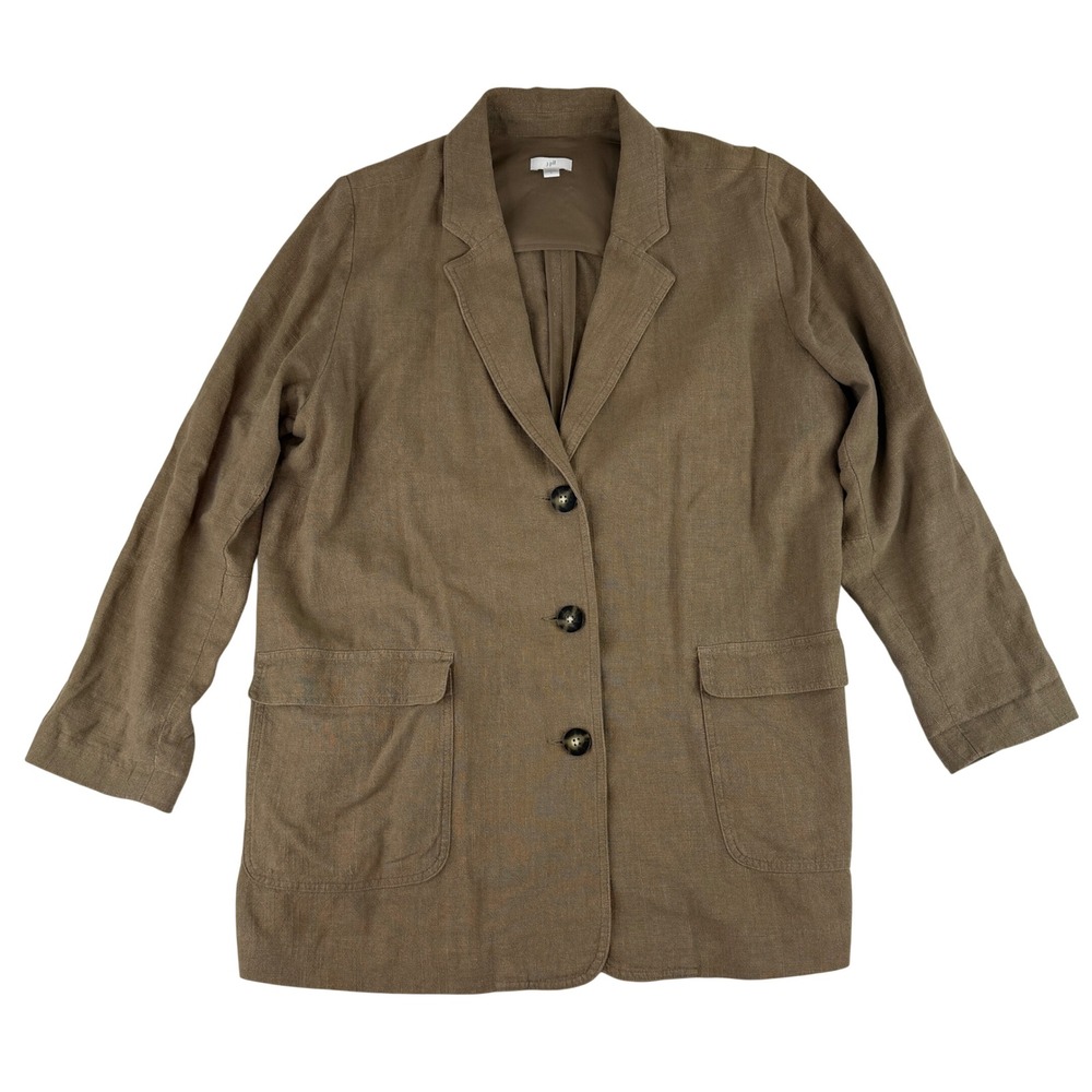 J. Jill Blazer Women L Brown Linen Blend Three Button Long Sleeve Utility Jacket